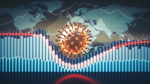 Coronavirus mit Weltkarte im Hintergrund