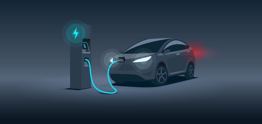 Vektor-Illustration eines schwarzen Elektroauto mit Aufladung an der Ladestation während der Nacht